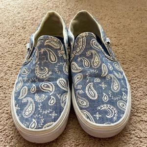 Blue and White Paisley Slip-on Vans